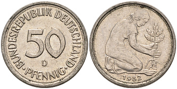 ФРГ 50 ПФЕННИГОВ 1982 D KM 109.2 медно-никель 75-537
