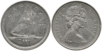 Канада 10 центов 1975 Елизавета II (1952-2022), парусник KM 77.1 никель 4532-819