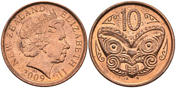 Новая Зеландия 10 центов 2009 маска Маори, Елизавета II (1952-) KM 117а сталь плакированная медью 4114-237