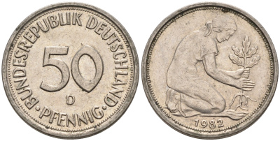 ФРГ 50 ПФЕННИГОВ 1982 D KM 109.2 медно-никель 75-537