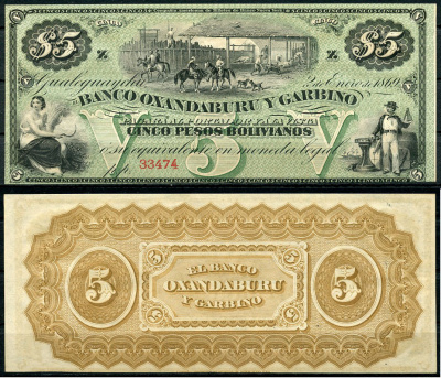 Аргентина, Banco Oxandaburu y Garbino 5 песо 1869 фазенда, женщина, штурман Pick S1783r  бумага  UNC (пресс) 451-33-1