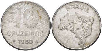 Бразилия 10 крузейро 1980 карта Бразилии KM 592.1 нержавеющая сталь 4385-823