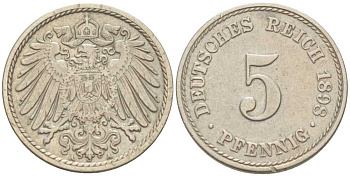 Германия 5 пфеннигов 1908 A KM 11, Jager 12, Weege 6 медно-никель 206-1113