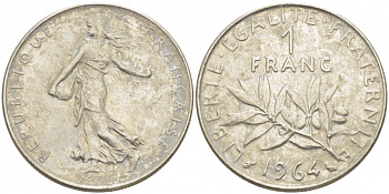 Франция 1 франк 1964 сеятель KM 925.1, Le Franc 226.8 никель 4402-1116