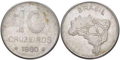 Бразилия 10 крузейро 1980 карта Бразилии KM 592.1 нержавеющая сталь 4385-823