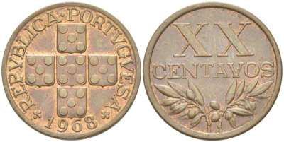 ПОРТУГАЛИЯ 20 СЕНТАВО 1968 KM 584 бронза XF 4513-1244