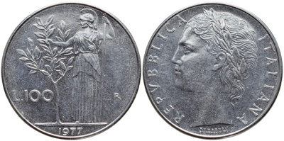 ИТАЛИЯ 100 ЛИР 1977 R , АФИНА KM 96.1 нержавеющая сталь 4394-1232