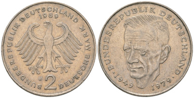 ФРГ 2 марки 1989 J, Курт Шумахер, 30 лет Федеративной Республике KM 149 медно-никель 4572-232