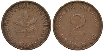 ФРГ 2 пфеннига 1950 D KM 106 бронза 4164-312