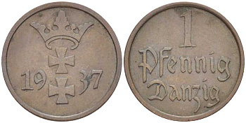 Данциг 1 пфенниг 1937 J. D 2, KM 140 бронза 112-857
