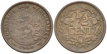 НИДЕРЛАНДЫ 1/2 ЦЕНТА 1940 ВИЛЬГЕЛЬМИНА I (1891-1948) KM 138 бронза 4547-1254