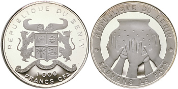 Бенин 1000 франков 1992 спасите страну, пять рук держат сосуд KM 1 серебро  PROOF  11-143-14