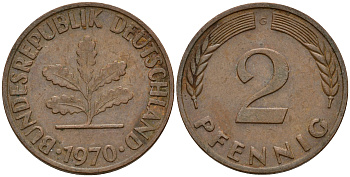 ФРГ 2 пфеннига 1970 G J.381a, KM 106a сталь плакированная медью    4598-762