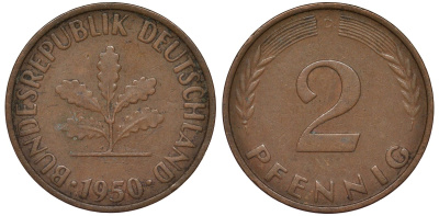 ФРГ 2 пфеннига 1950 D KM 106 бронза 4164-312