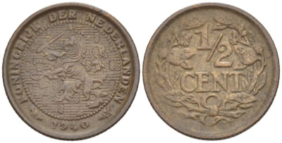 НИДЕРЛАНДЫ 1/2 ЦЕНТА 1940 ВИЛЬГЕЛЬМИНА I (1891-1948) KM 138 бронза 4547-1254