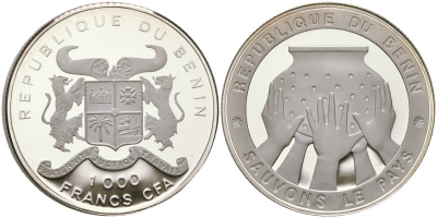 Бенин 1000 франков 1992 спасите страну, пять рук держат сосуд KM 1 серебро  PROOF  11-143-14