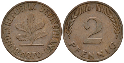 ФРГ 2 пфеннига 1970 G J.381a, KM 106a сталь плакированная медью    4598-762