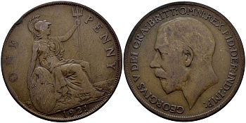 Великобритания 1 пенни 1921 Георг V (1910-1936) KM 810, Spink 4051 бронза 3334-417