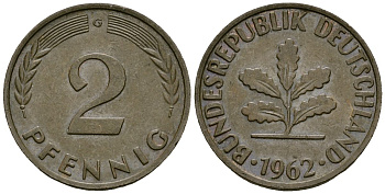 ФРГ 2 пфеннига 1962 G KM 106 бронза 4173-1139