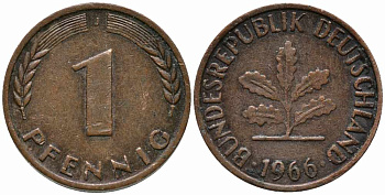 ФРГ 1 ПФЕННИГ 1966 J KM 105, J. 380 сталь плакированная медью 112-131