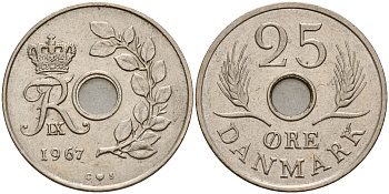 Дания 25 эре 1967 С; S, Фредерик IX (1947-1972) KM 850 медно-никель    4603-847