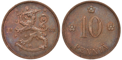 Финляндия 10 пенни 1938 KM 24 медь 51-3041
