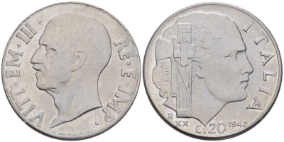 ИТАЛИЯ 20 ЧЕНТЕЗИМО 1942 ВИКТОР ИМАНУИЛ III, МАГНИТНАЯ, ГУРТ РИФЛЕНЫЙ KM 75b нержавеющая сталь 31-1156