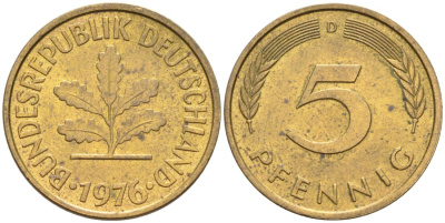 ФРГ 5 пфеннигов 1976 D KM 107 сталь плакированная латунью 4567-349