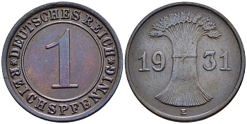 ГЕРМАНИЯ 1 РЕЙХСПФЕННИГ 1931 E KM 37, J. 313, Weege 2 бронза 4547-157