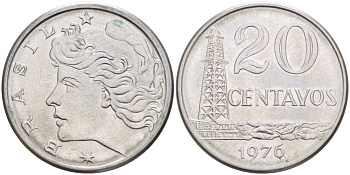Бразилия 20 сентаво 1976 голова свободы влево KM 579.1a, Schon 84b нержавеющая сталь 217-1221