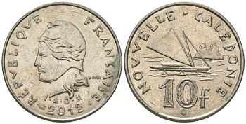 Французская Новая Каледония 10 франков 2012 рыбачья парусная лодка, (IEOM) KM 11a, Schoen 13a, Lec 99k медно-никель 65-625