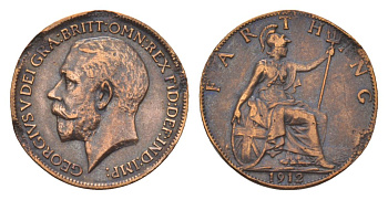 Великобритания 1 фартинг 1912 Георг V (1910-1936) KM 808.1, Spink 4059 бронза 4623-1029