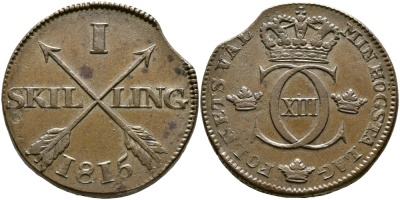 ШВЕЦИЯ 1 СКИЛЛИНГ 1815 KM 585 медь 36-615