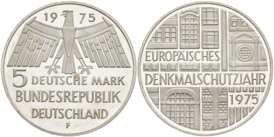 ФРГ 5 марок 1975 F, Европейский год охраны памятников J. 417, KM 142.1 серебро  PROOF  4117-242
