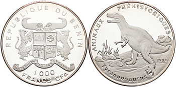 Бенин 1000 франков 1994 тиранозавр KM 9 серебро PROOF 01-077-23