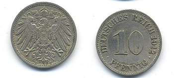 ГЕРМАНИЯ 10 ПФЕННИГОВ 1912 A KM 12, J. 13 медно-никель 58-347
