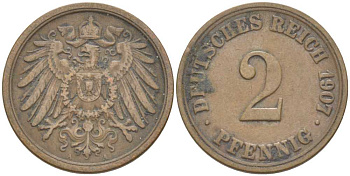 ГЕРМАНИЯ 2 ПФЕННИГА 1907 A KM 16, J. 11, Weege 4 медь 212-334