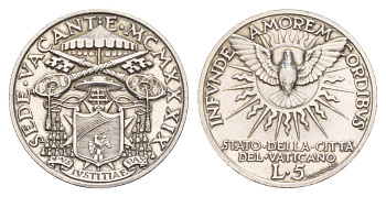 Ватикан 5 лир 1939 Вакантный престол KM 20 серебро UNC 1520-814