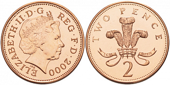 Великобритания 2 пенса 2000 Елизавета II (1952-2022) KM 987, Spink 4690 (C5) сталь плакированная медью UNC 3718-1136