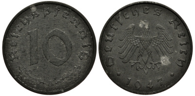 Германия 10 рейхспфеннигов 1947 F, оккупация Германии союзными войсками J. 375, KM A104 цинк 413-3234