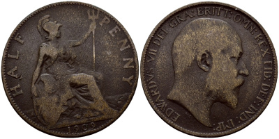 Великобритания 1/2 пенни 1909 Эдуард VII (1901-1910) KM 793.2, Spink 3991 бронза 58-1257