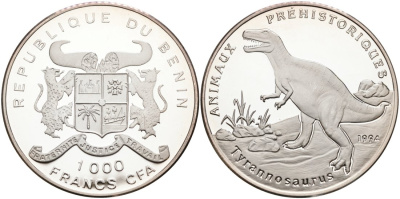 Бенин 1000 франков 1994 тиранозавр KM 9 серебро PROOF 00-00