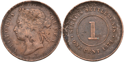 Стрейтс-Сетлментс 1 цент 1874 Виктория (1837-1901), Ост-Индская компания KM 9 медь 4590-412