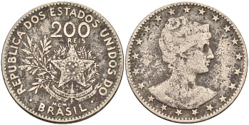 Бразилия 200 рейс 1901 голова свободы вправо KM 504 медно-никель 4589-1032