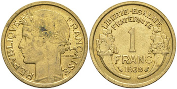 Франция 1 франк 1939 тип Морлон KM 885, LE FRANC 219.10 алюминиевая бронза 3853-154