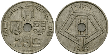 Бельгия 25 сантимов 1939 BELGIQUE - BELGIE KM 114 никель латунь 4172-132
