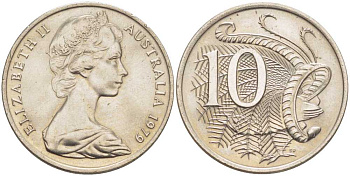 Австралия 10 центов 1979 Елизавета II (1952-), птица лирахвост KM 65 медно-никель UNC 4382-1142