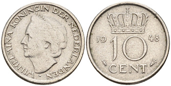 Нидерланды  10 центов 1948 королева Вильгельмина (1890 - 1948) KM 177 никель 4174-265