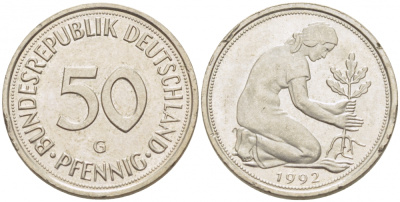 ФРГ 50 ПФЕННИГОВ 1992 G KM 109.2 медно-никель 39-222