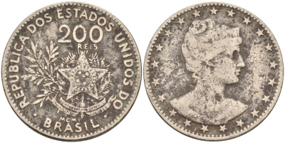 Бразилия 200 рейс 1901 голова свободы вправо KM 504 медно-никель 4589-1032